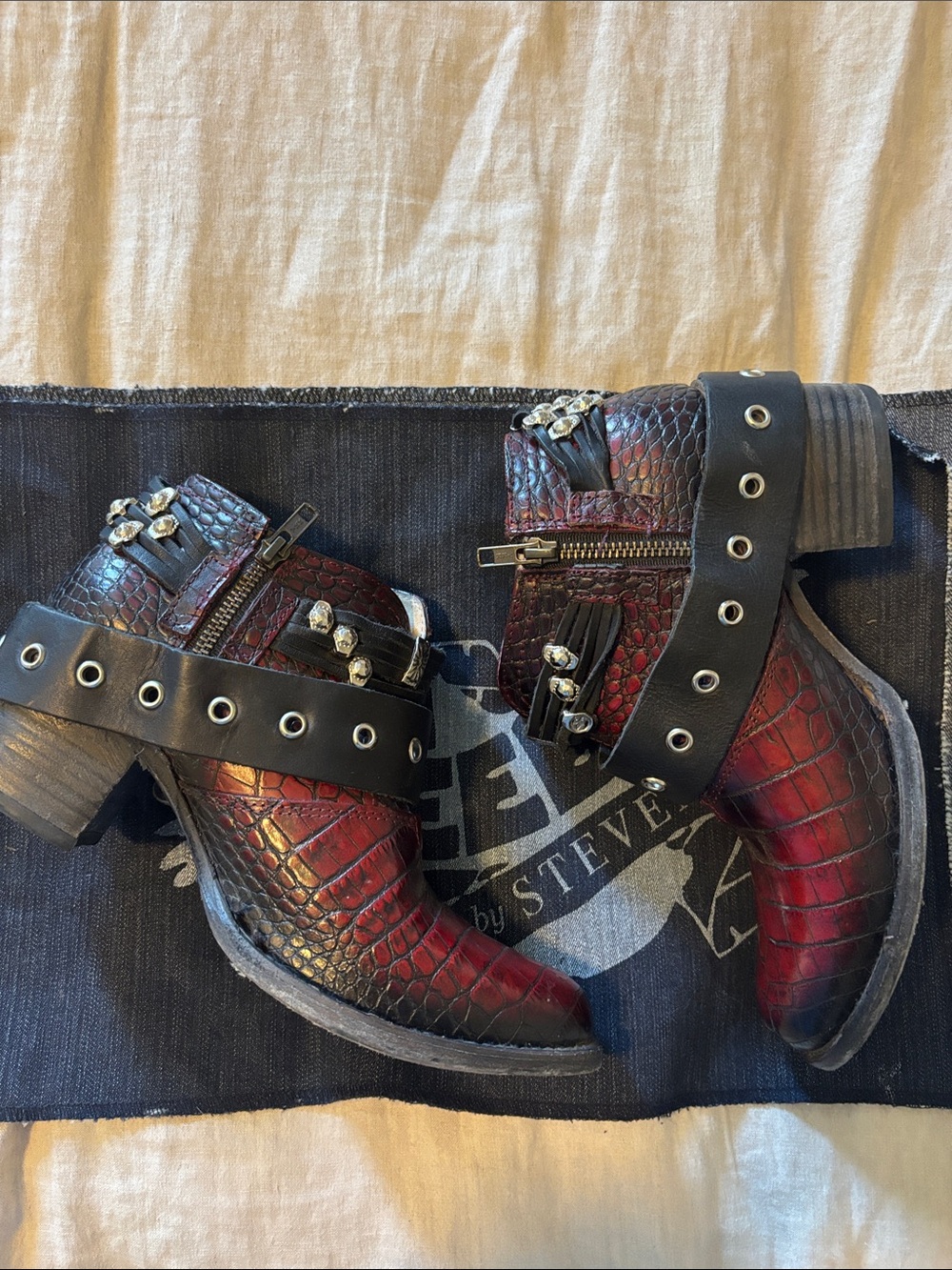 Red Croc-Embossed SALOON Freebird Ankle Boots with Studded Straps - Picture 3 of 6